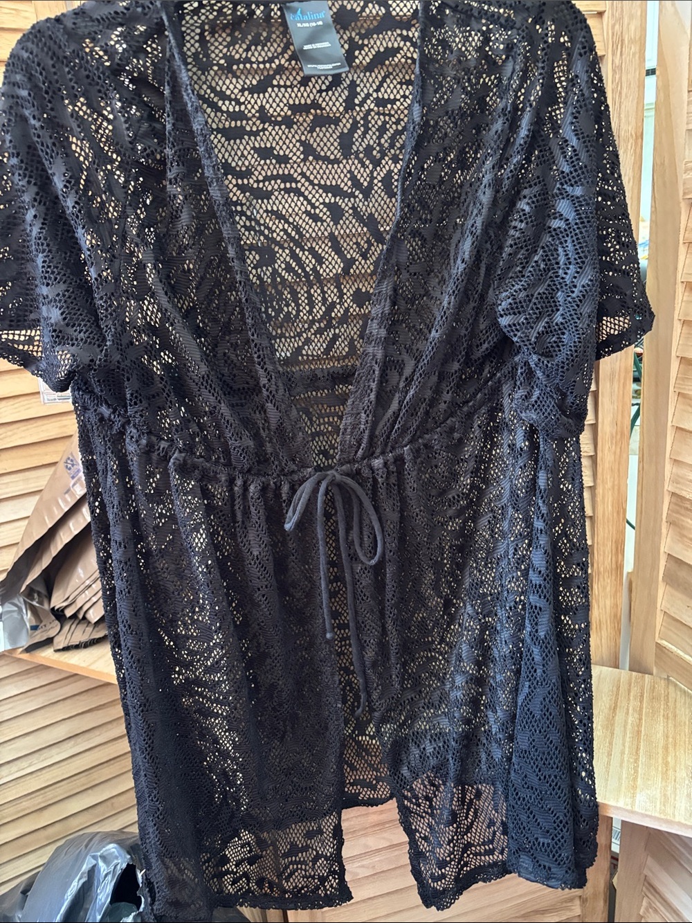 Catalina Black Crochet Tie-Front Swim Cover-Up XL